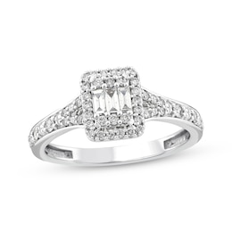 Baguette & Round-Cut Multi-Diamond Halo Engagement Ring 1/3 ct tw 10K White Gold