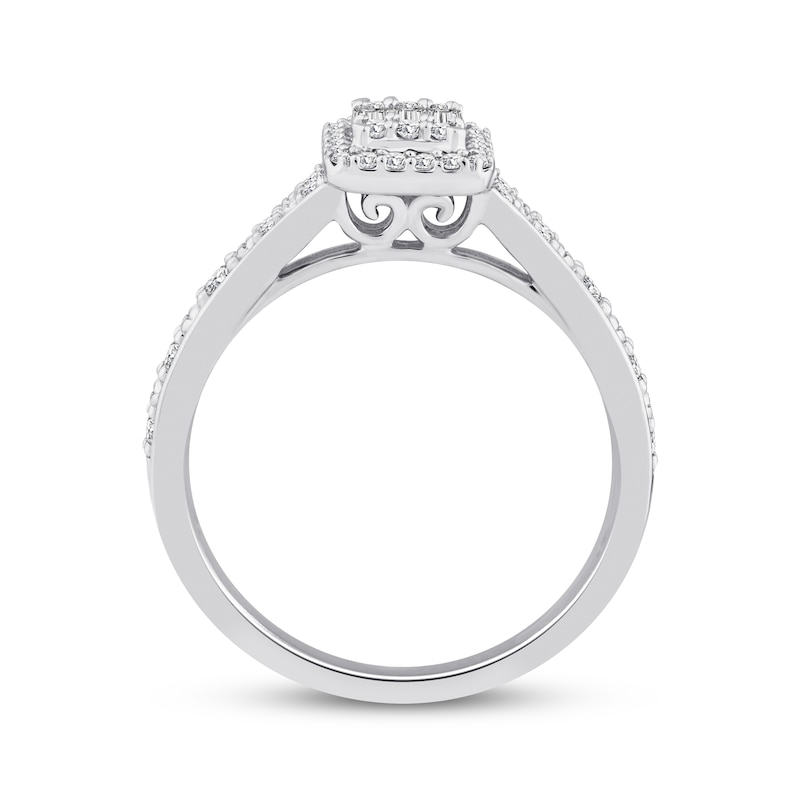 Baguette & Round-Cut Multi-Diamond Halo Engagement Ring 1/3 ct tw 10K White Gold