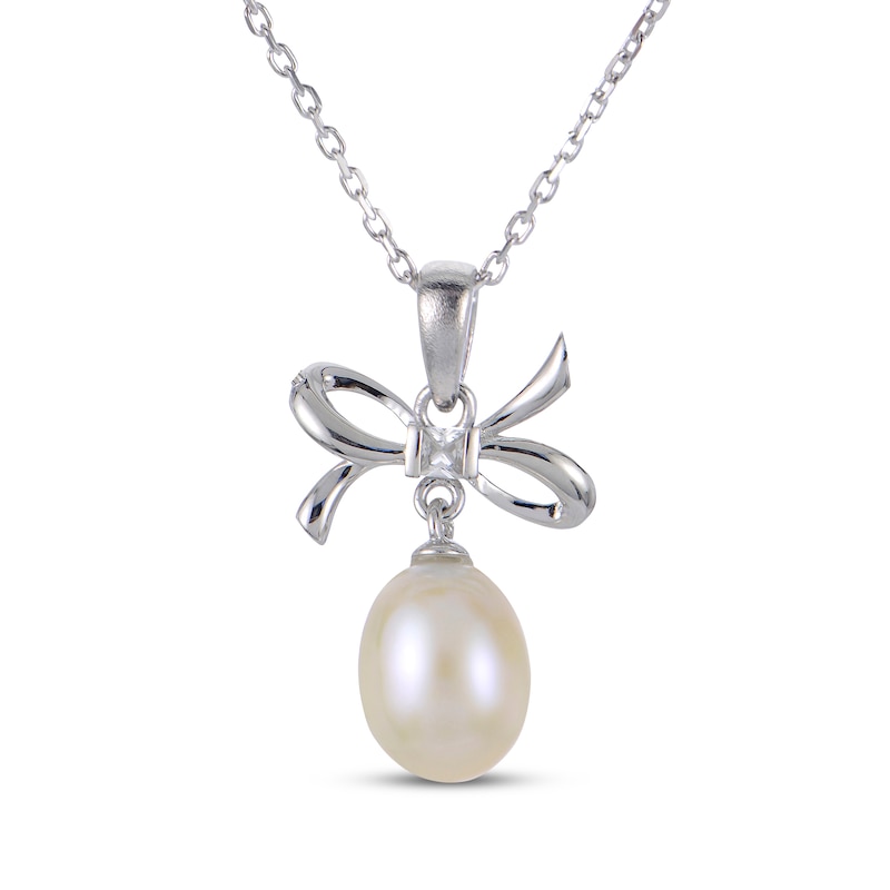 Main Image 1 of Cultured Pearl & White Lab-Created Sapphire Bow Necklace Sterling Silver 18&quot;