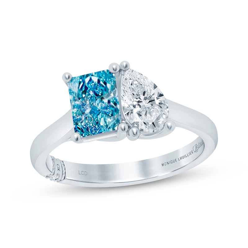 Monique Lhuillier Bliss Blue & White Lab-Grown Diamond Two-Stone Engagement Ring 1-3/4 ct tw 18K White Gold