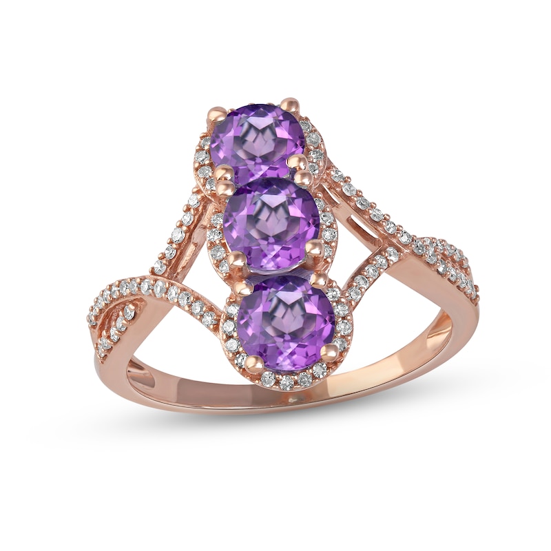 Main Image 1 of Amethyst & Diamond 3-Stone Ring 1/5 ct tw 10K Rose Gold