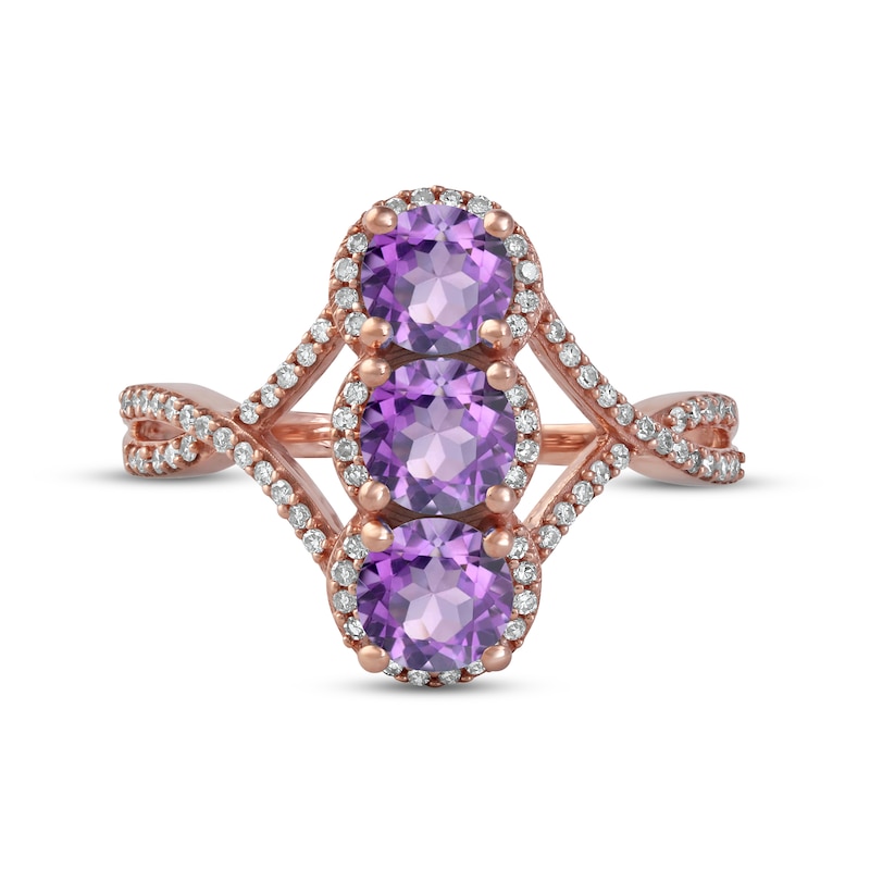 Main Image 3 of Amethyst & Diamond 3-Stone Ring 1/5 ct tw 10K Rose Gold