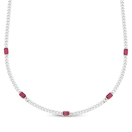 Octagon-Cut Lab-Created Ruby Station Curb Chain Necklace Sterling Silver 15.8&quot;