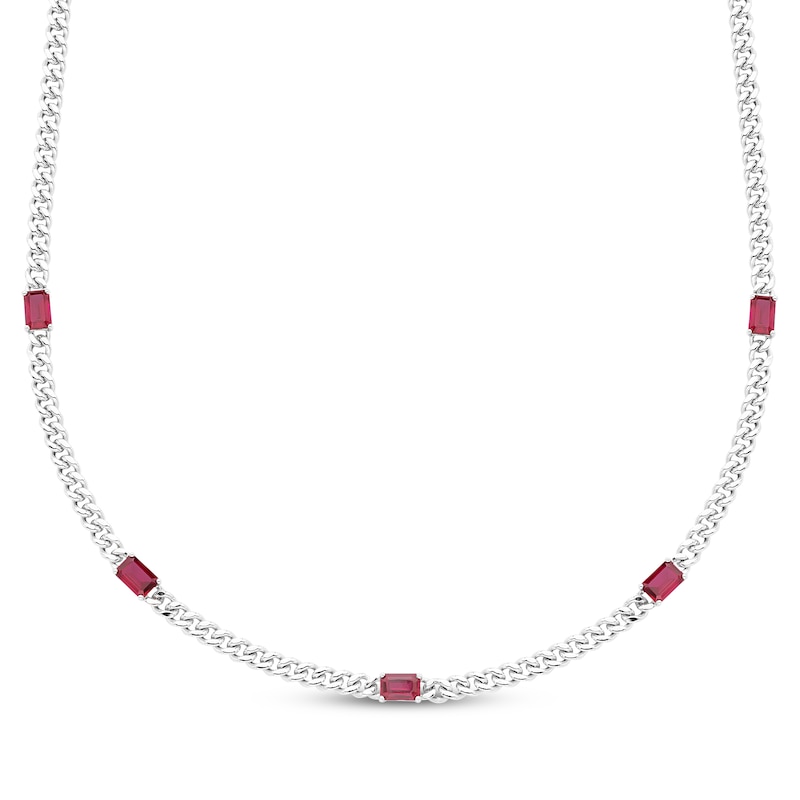 Main Image 1 of Octagon-Cut Lab-Created Ruby Station Curb Chain Necklace Sterling Silver 15.8&quot;