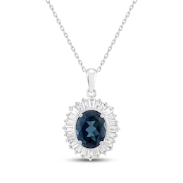 Oval-Cut London Blue Topaz & White Lab-Created Sapphire Halo Necklace Sterling Silver 18&quot;