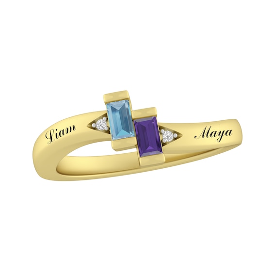 North South Baguette Birthstone Couple's Ring (2 Stones and Lines)