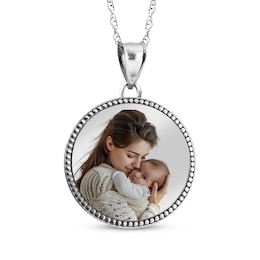 Beaded Edge Round Photo Disc Necklace 10K White Gold (3 Lines)