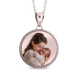 Beaded Edge Round Photo Disc Necklace 10K Rose Gold (3 Lines)