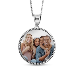 Men's Beaded Edge Round Photo Disc Necklace Sterling Silver (3 Lines)