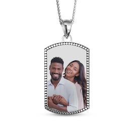 Men's Beaded Edge Dog Tag Photo Necklace Sterling Silver (4 Lines)