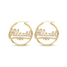 Beaded Finish Nameplate with Heart Hoop Earrings Hollow 14K Yellow Gold-Plated Sterling Silver