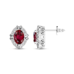 Oval-Cut Lab-Created Ruby & White Lab-Created Sapphire Halo Earrings Sterling Silver