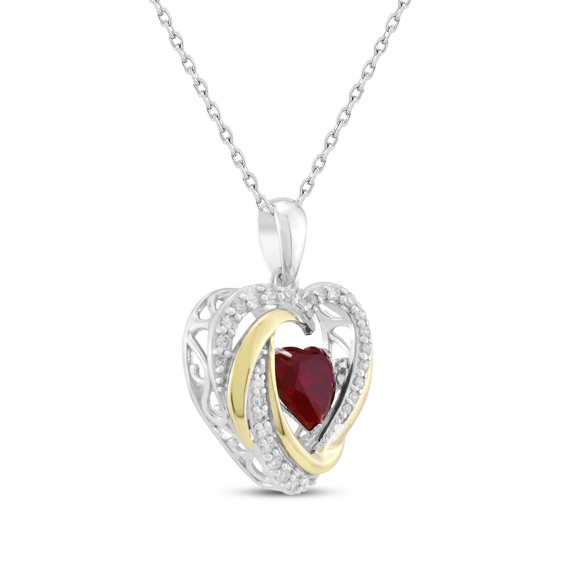 Main Image 2 of Unstoppable Love Heart-Shaped Lab-Created Ruby & Diamond Necklace 1/6 ct tw Sterling Silver & 10K Yellow Gold 18&quot;