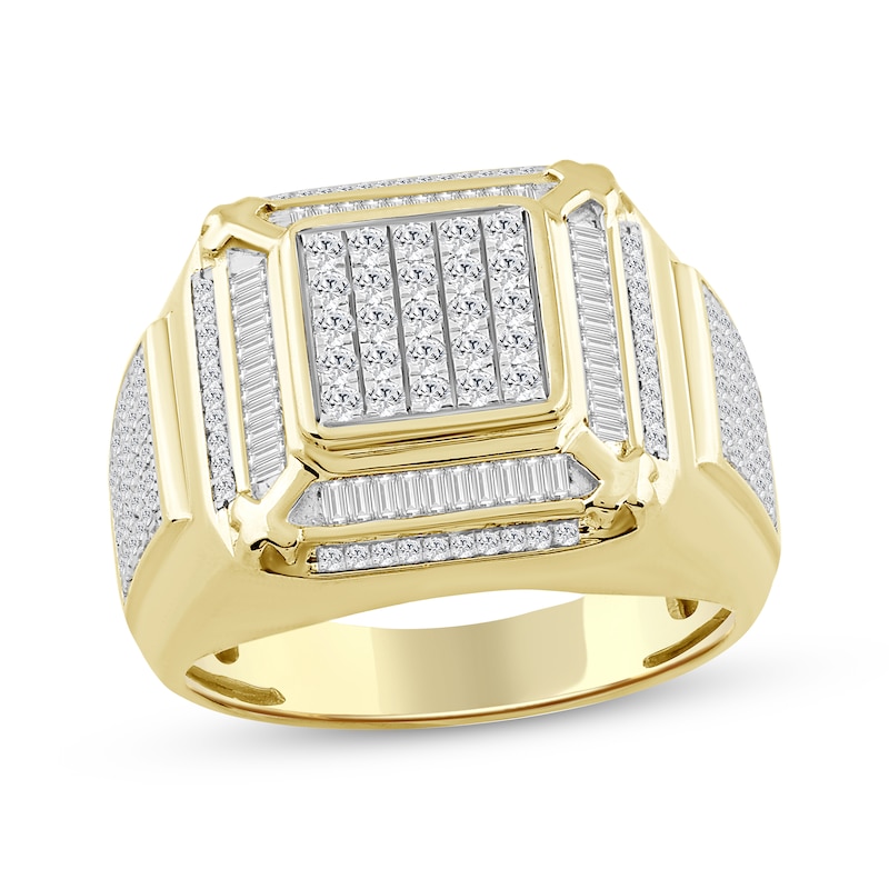 Main Image 1 of Men's Baguette & Round-Cut Diamond Beveled Ring 1 ct tw 10K Yellow Gold