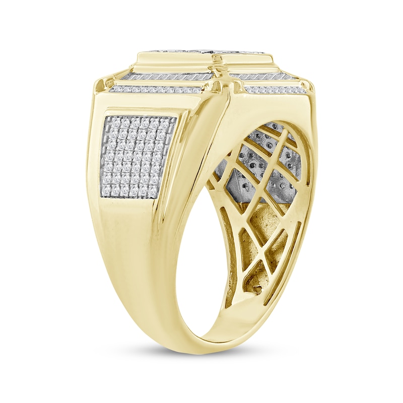 Main Image 2 of Men's Baguette & Round-Cut Diamond Beveled Ring 1 ct tw 10K Yellow Gold