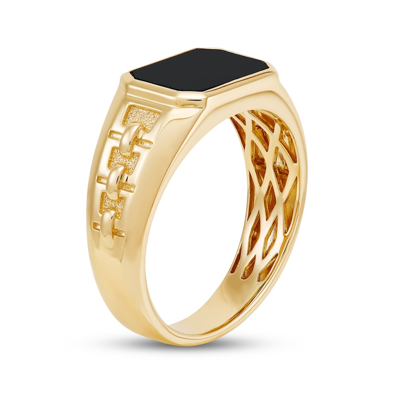 Men's Black Onyx Chain Pattern Signet Ring 10K Yellow Gold