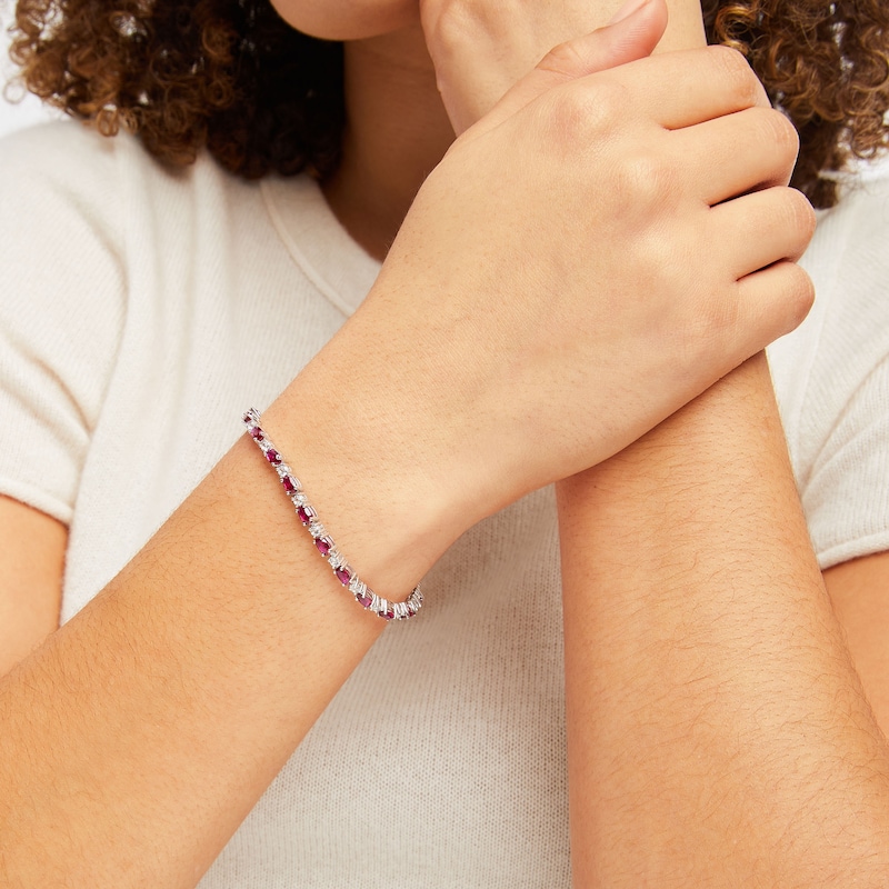 Main Image 2 of Lab-Created Ruby & White Lab-Created Sapphire Link Bracelet Sterling Silver 7.25&quot;