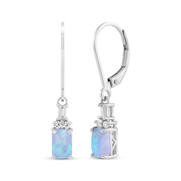 Emerald-Cut Blue Lab-Created Opal & White Lab-Created Sapphire Drop Earrings Sterling Silver