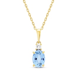 Oval-Cut Swiss Blue Topaz & Diamond Necklace 1/20 ct tw 10K Yellow Gold