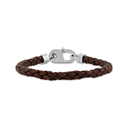 Men's Brown Braided Leather Bracelet Stainless Steel 8.5&quot;