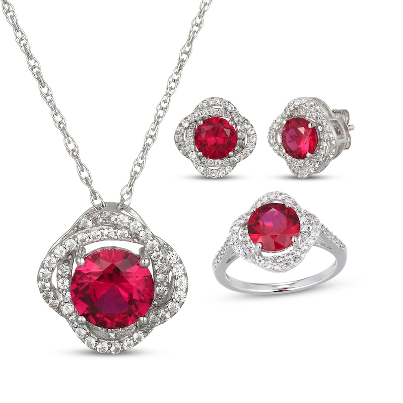 Main Image 1 of Lab-Created Ruby Necklace, Ring & Earrings Gift Set Sterling Silver