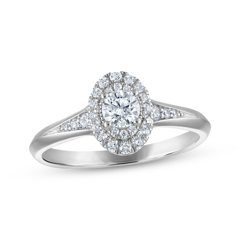 Main Image 1 of Round-Cut Diamond Oval Halo Engagement Ring 1/2 ct tw 14K White Gold