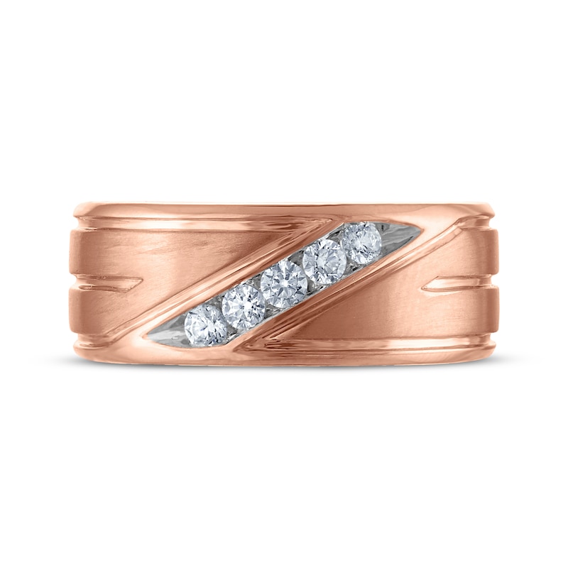 Main Image 3 of Men's Diamond Diagonal Five-Stone Wedding Band 1/4 ct tw 10K Rose Gold