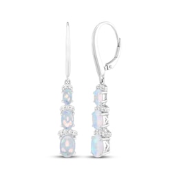 Oval-Cut Lab-Created Opal & White Lab-Created Sapphire Three-Stone Drop Earrings Sterling Silver