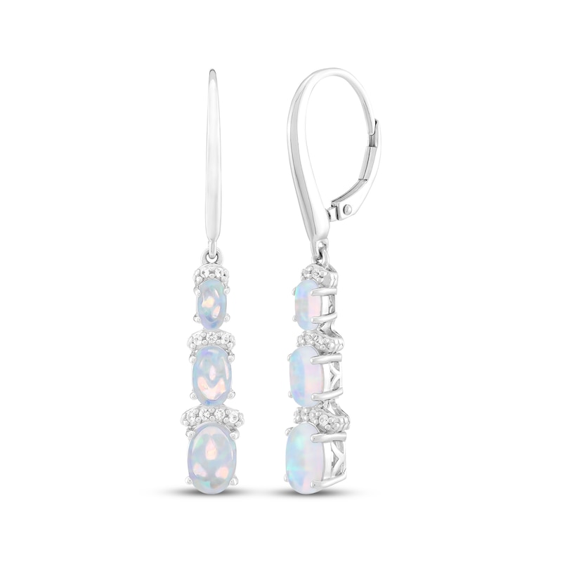 Main Image 1 of Oval-Cut Lab-Created Opal & White Lab-Created Sapphire Three-Stone Drop Earrings Sterling Silver