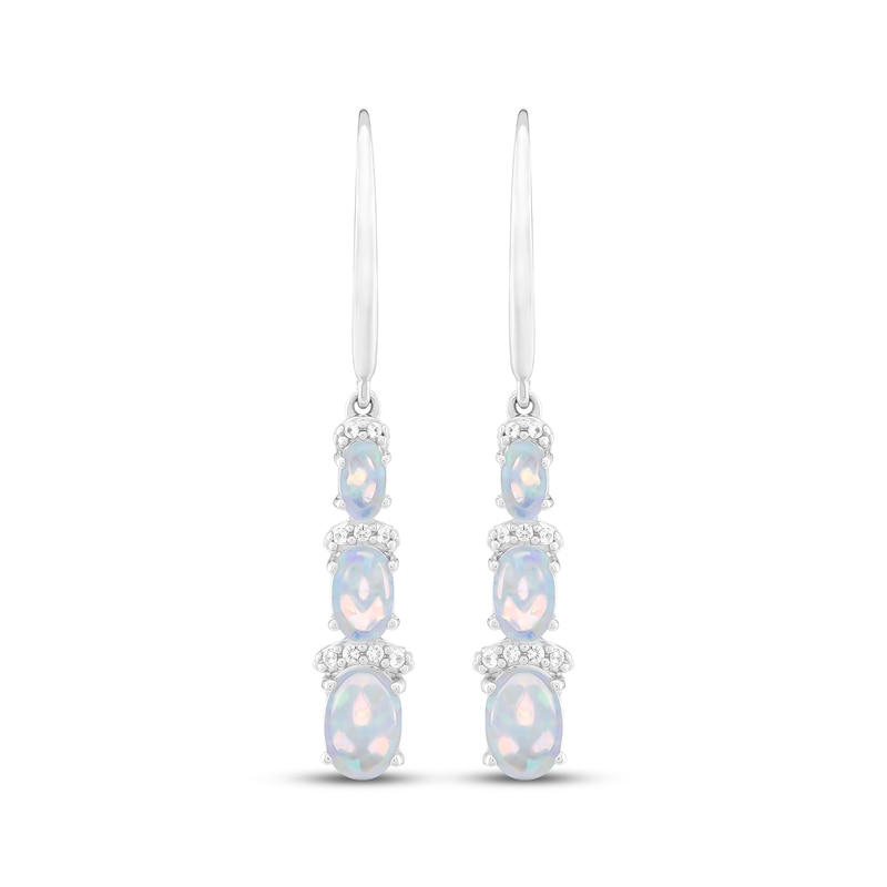 Main Image 2 of Oval-Cut Lab-Created Opal & White Lab-Created Sapphire Three-Stone Drop Earrings Sterling Silver