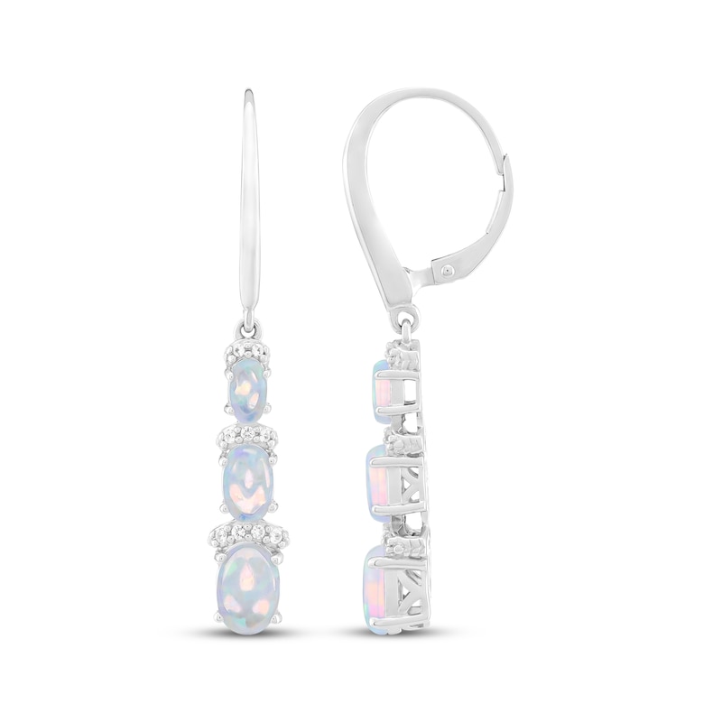 Main Image 3 of Oval-Cut Lab-Created Opal & White Lab-Created Sapphire Three-Stone Drop Earrings Sterling Silver