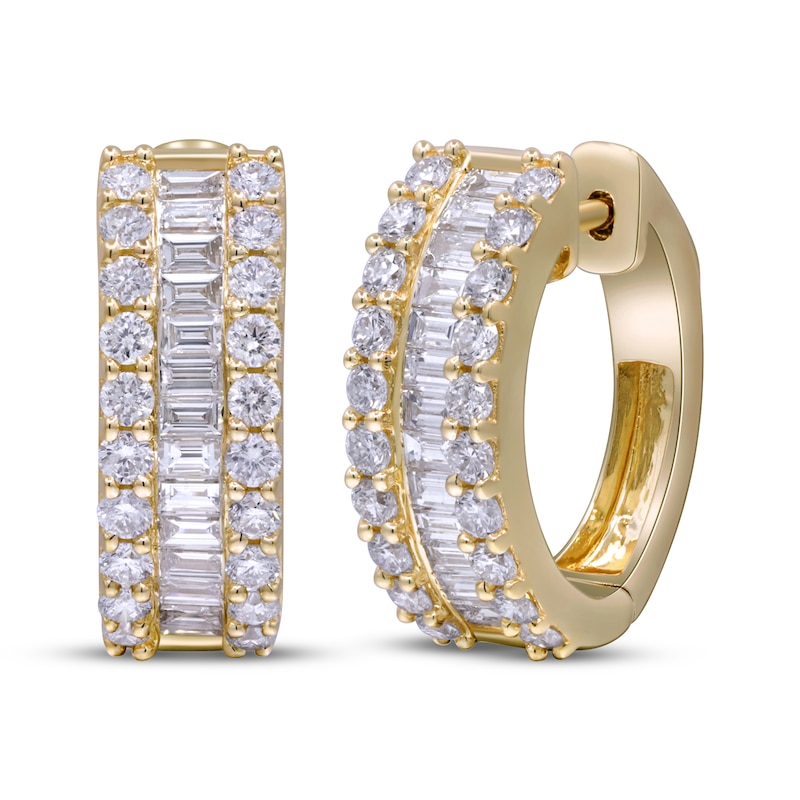 Main Image 1 of Baguette & Round-Cut Diamond Huggie Hoop Earrings 2 ct tw 14K Yellow Gold