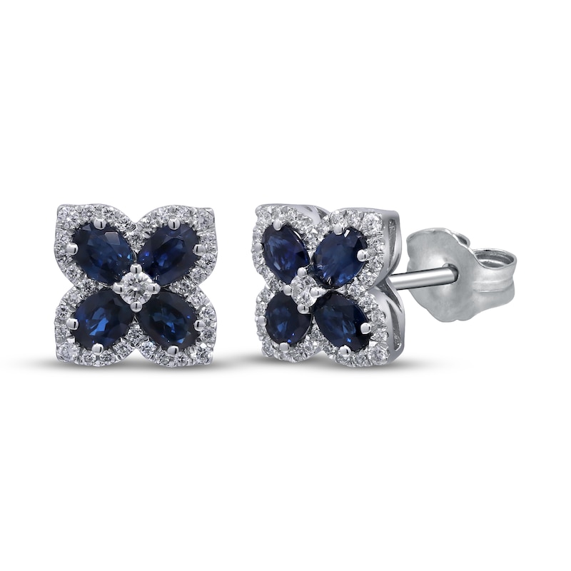 Main Image 1 of Oval-Cut Natural Blue Sapphire & Diamond Clover Stud Earrings 1/3 ct tw 10K White Gold