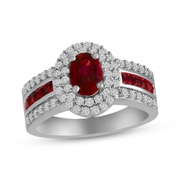 Oval-Cut Lab-Created Ruby & White Lab-Created Sapphire Double Halo Ring Sterling Silver