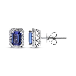 Emerald-Cut Tanzanite & Round-Cut Diamond Stud Earrings 1/5 ct tw Sterling Silver