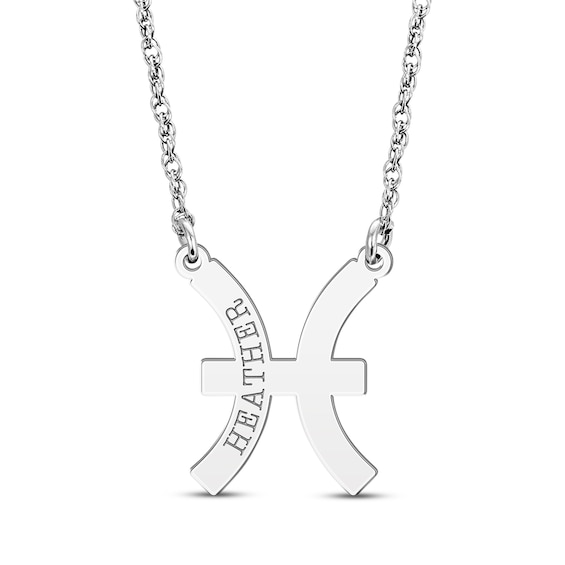 Engravable "Pisces" Zodiac Sign Necklace 10K White Gold 18"