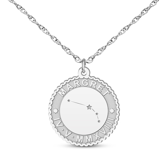 "Aries" Scalloped Name & Date Constellation Necklace 10K White Gold 18"