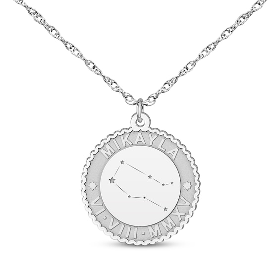 "Gemini" Scalloped Name & Date Constellation Necklace 10K White Gold 18"