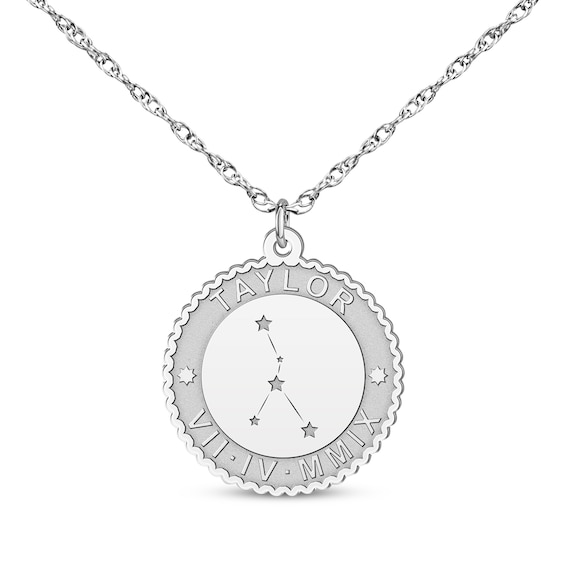 "Cancer" Scalloped Name & Date Constellation Necklace 14K White Gold 18"