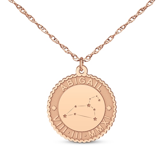 "Leo" Scalloped Name & Date Constellation Necklace 14K Rose Gold 18"