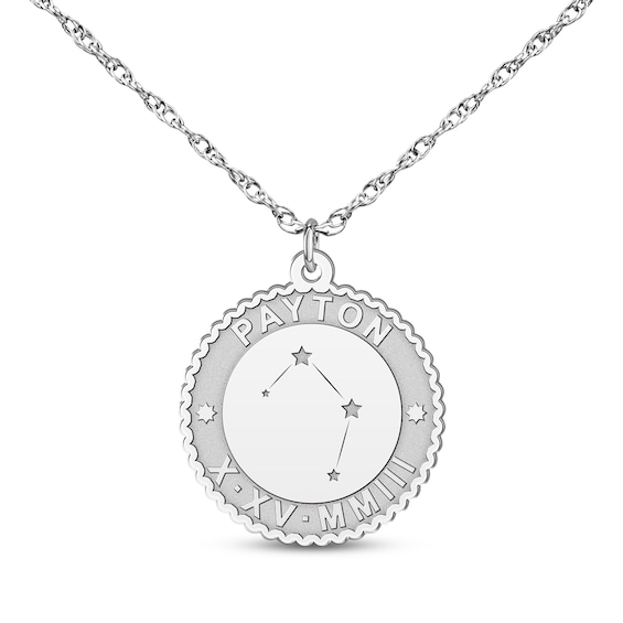 "Libra" Scalloped Name & Date Constellation Necklace 10K White Gold 18"