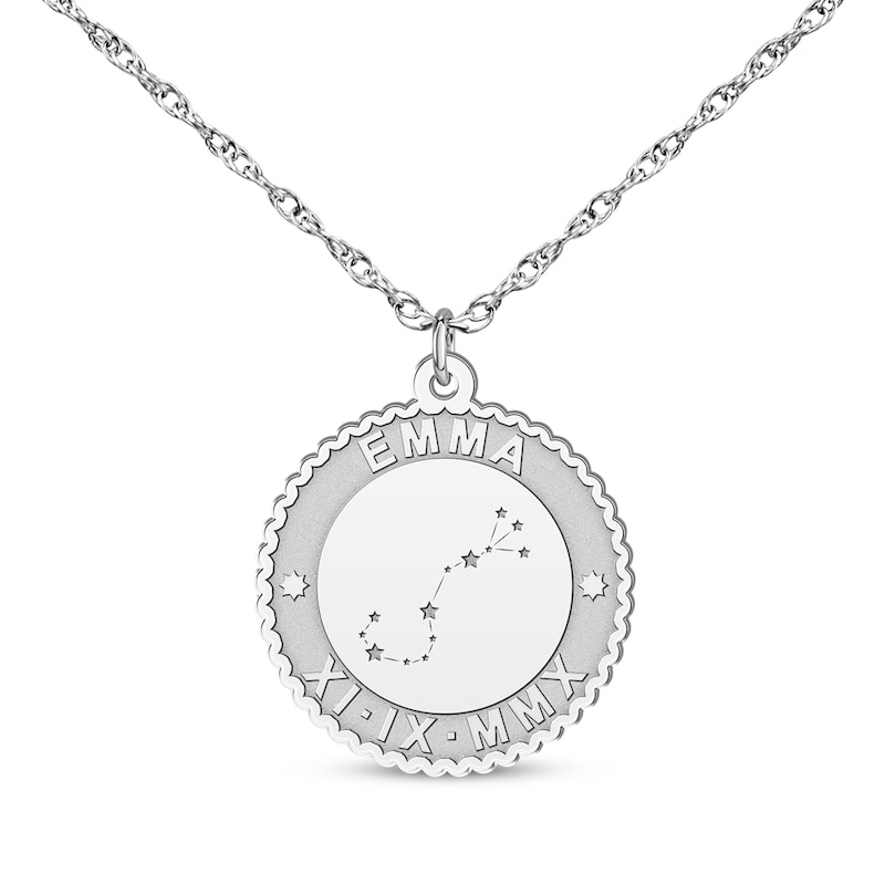 "Scorpio" Scalloped Name & Date Constellation Necklace 14K White Gold 18"
