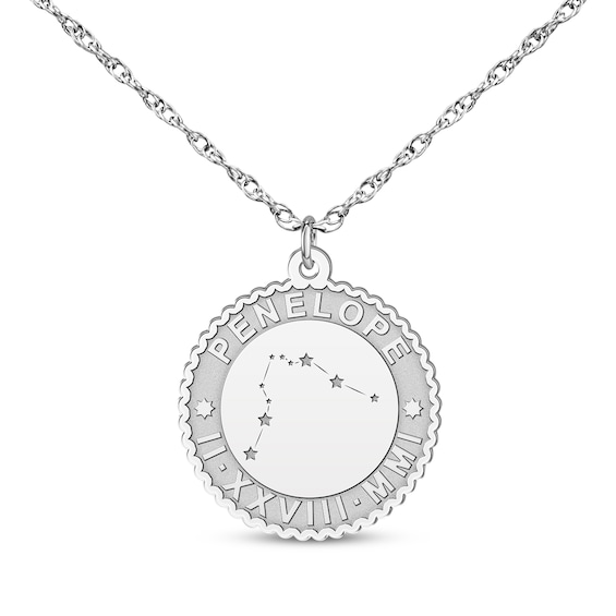 "Aquarius" Scalloped Name & Date Constellation Necklace 10K White Gold 18"