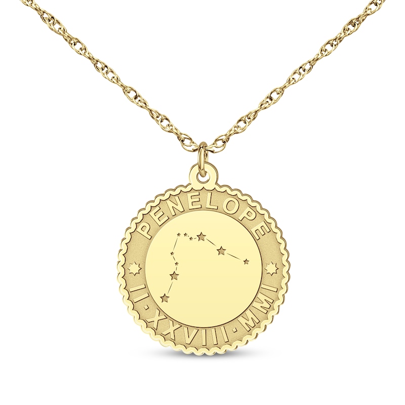 "Aquarius" Scalloped Name & Date Constellation Necklace 10K Yellow Gold 18"