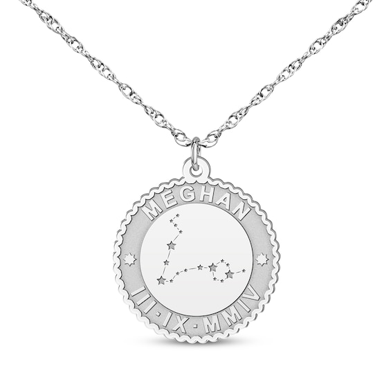 "Pisces" Scalloped Name & Date Constellation Necklace 10K White Gold 18"