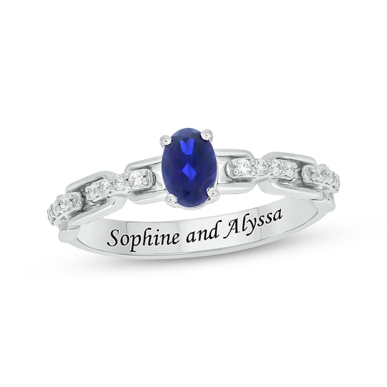Engravable Oval-Cut Blue Lab-Created Sapphire & Diamond Link Ring 1/10 ct tw Sterling Silver
