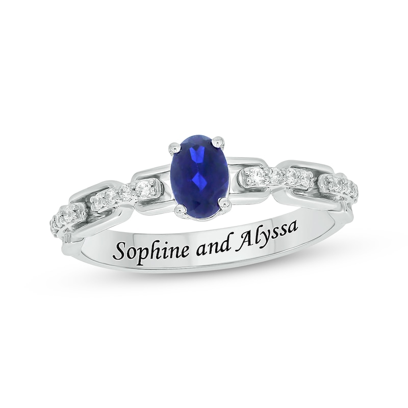 Main Image 1 of Engravable Oval-Cut Blue Lab-Created Sapphire & Diamond Link Ring 1/10 ct tw Sterling Silver