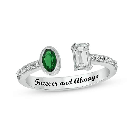 Engravable Oval-Cut Lab-Created Emerald, Emerald-Cut White Lab-Created Sapphire & Diamond Deconstructed Ring 1/10 ct tw Sterling Silver