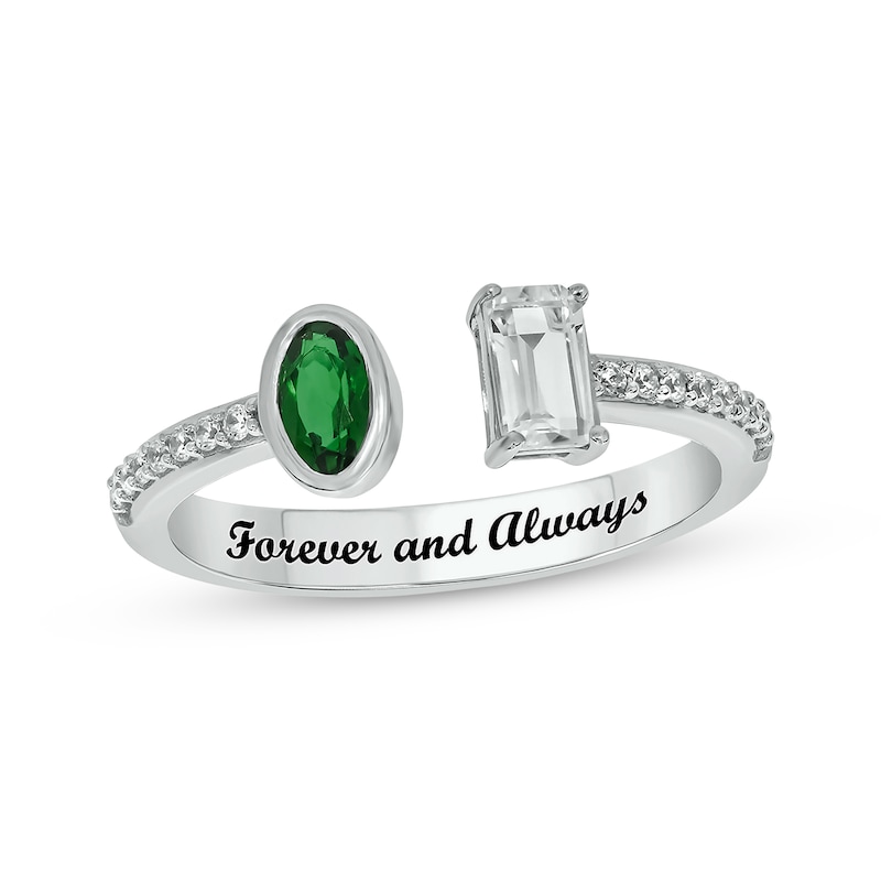 Main Image 1 of Engravable Oval-Cut Lab-Created Emerald, Emerald-Cut White Lab-Created Sapphire & Diamond Deconstructed Ring 1/10 ct tw Sterling Silver