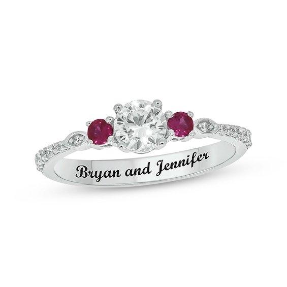 Engravable White Lab-Created Sapphire, Lab-Created Ruby & Diamond Ring 1/10 ct tw Sterling Silver